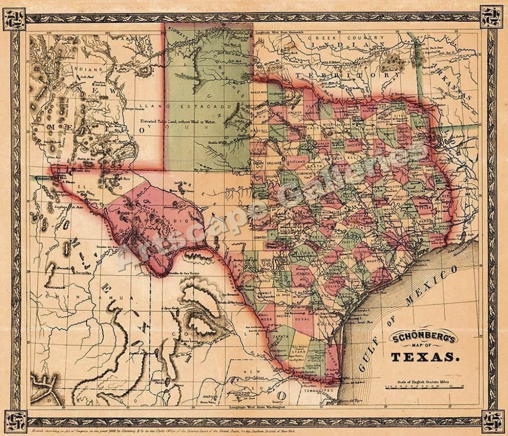 1866 Schönberg&amp;#039;s Map Of Texas Historic Map 24X28 #vintage | Family - Vintage Texas Map Prints
