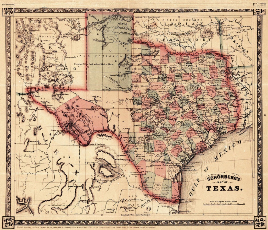 1866 Schönberg&amp;#039;s Map Of Texas Schonberg Historic State Map Texan - Texas Map Wall Art