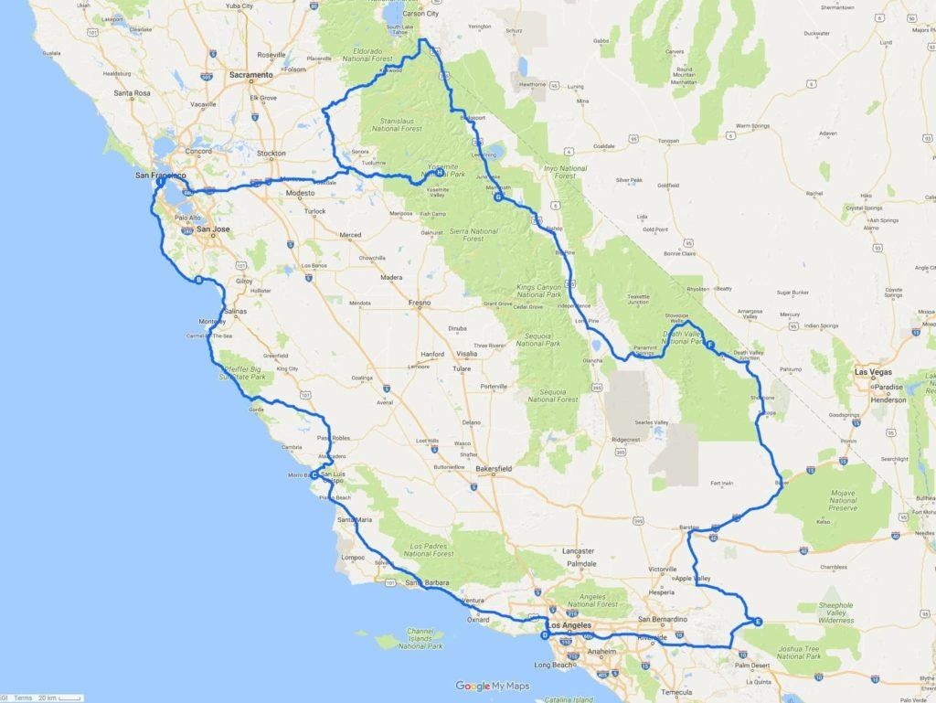 A Two Week California Road Trip Itinerary - Finding The Universe - California Road Trip Map