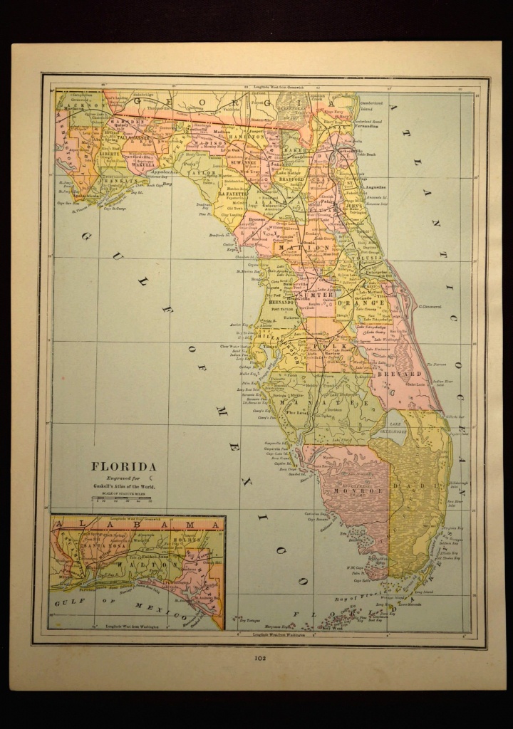 Antique Florida Map Of Florida Wall Decor Art Original Gift Idea - Map Of Florida Wall Art