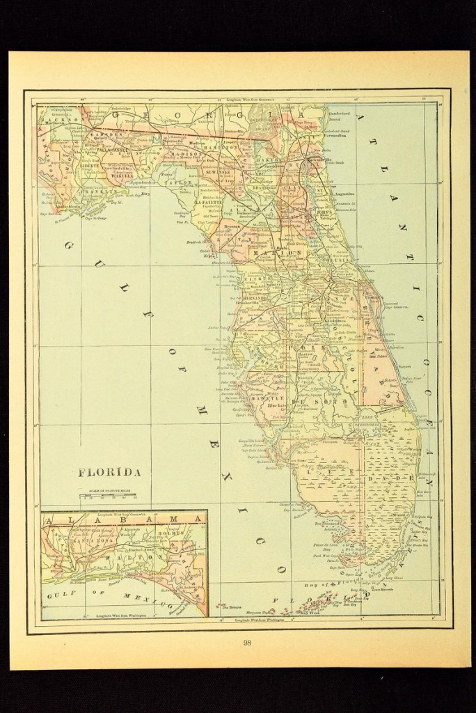 Antique Florida Map Of Florida Wall Decor Art Original Wedding | Etsy - Map Of Florida Wall Art