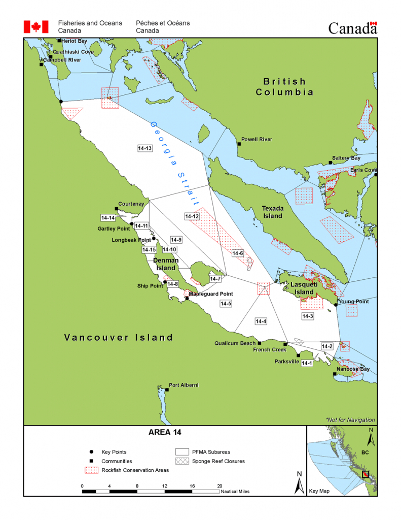 Area 14 (Comox, Parksville, Denman And Hornby Islands) - Bc Tidal - California Fishing Regulations Map