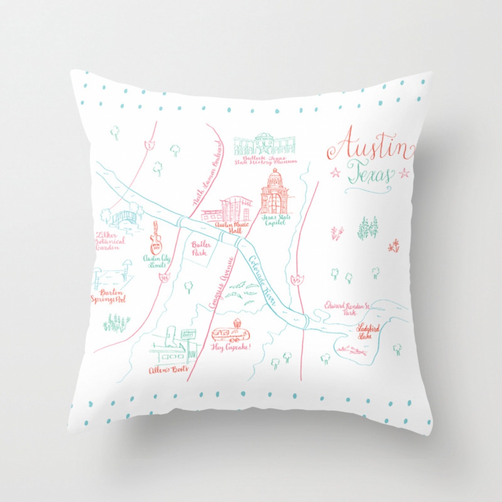 Austin, Texas Illustrated Calligraphy Map Throw Pillow - Texas Map Pillow