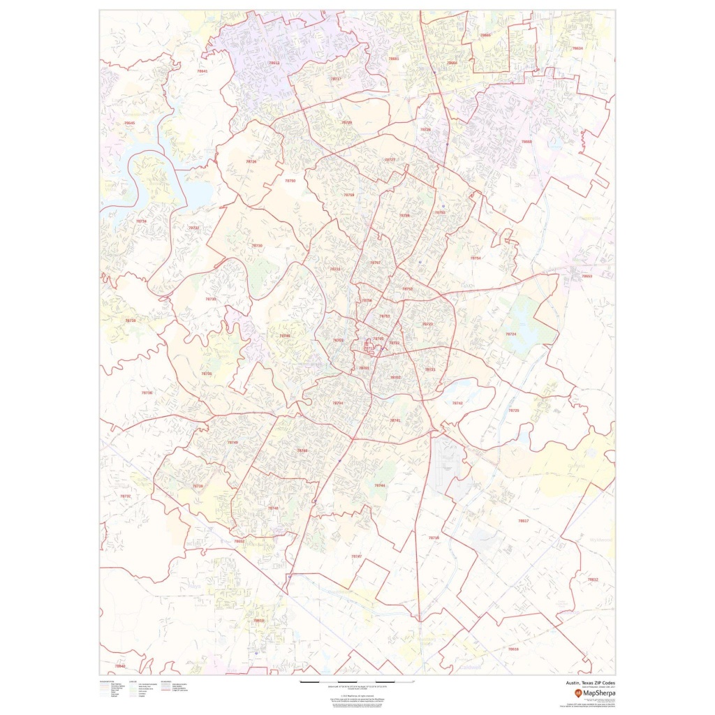 Austin, Texas Zip Codes - The Map Shop - Texas Zip Code Map