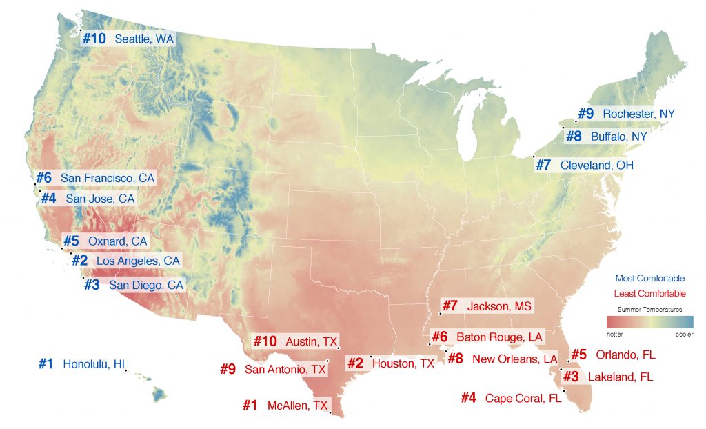 Best Places To Live – City Rankings – Most Comfortable Summer Cities - Florida Heat Index Map