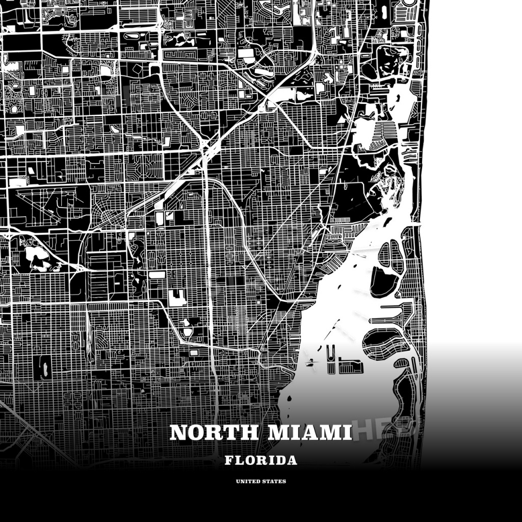 Black Map Poster Template Of North Miami, Florida, Usa | Hebstreits - Florida Map Poster