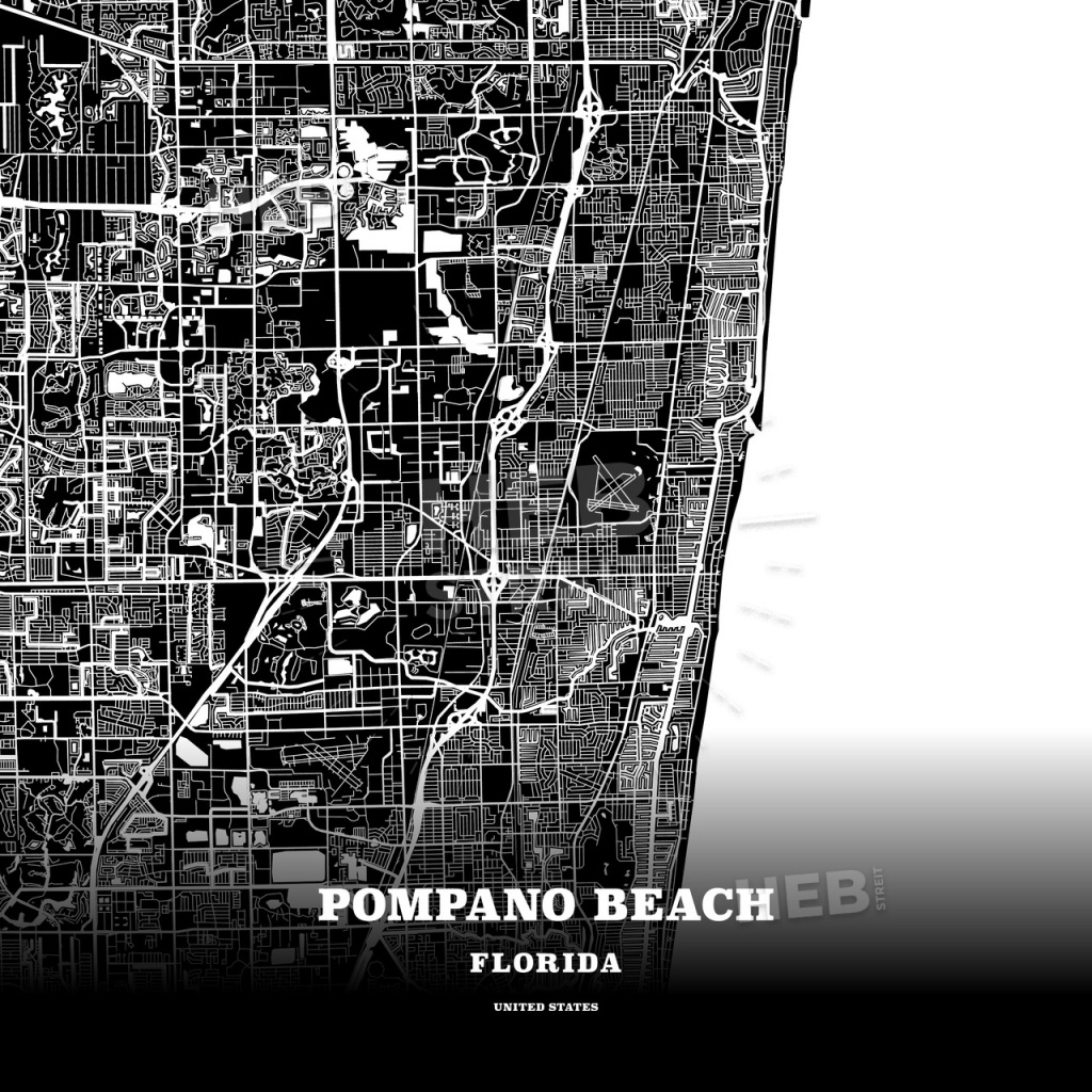 Black Map Poster Template Of Pompano Beach, Florida, Usa - Florida Map Poster