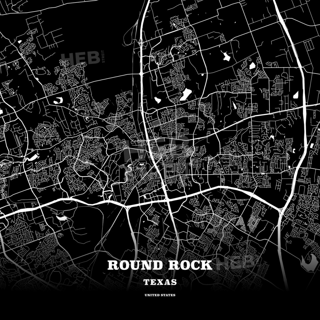 Black Map Poster Template Of Round Rock, Texas, Usa | Hebstreits - Texas Map Poster