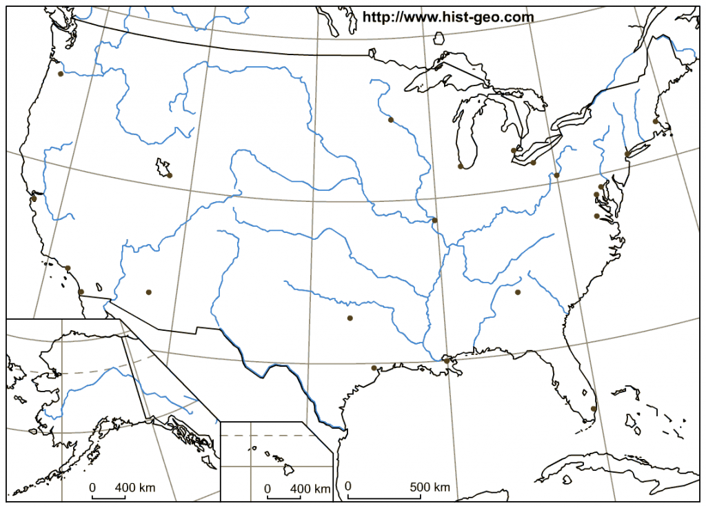 Blank Map Of The Usa With Us Rivers, Main Cities, Parallels - Us Rivers Map Printable