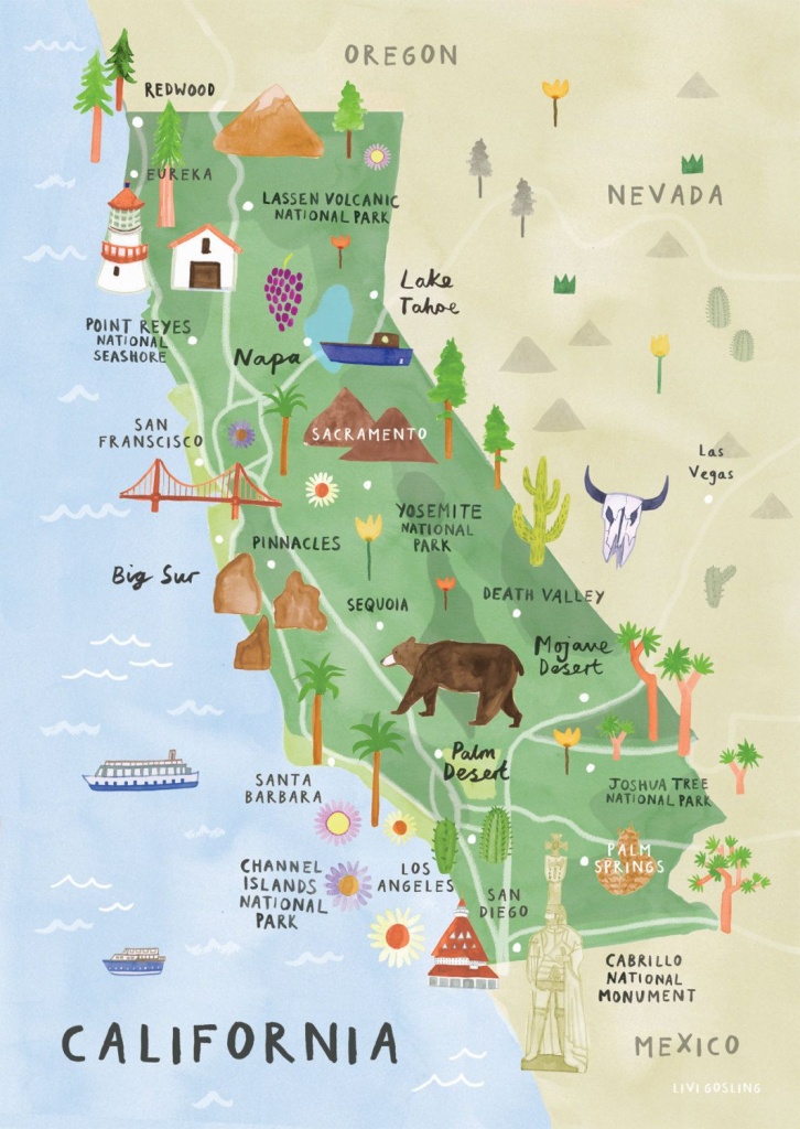 California Illustrated Map - California Print - California Map - California Roadside Attractions Map