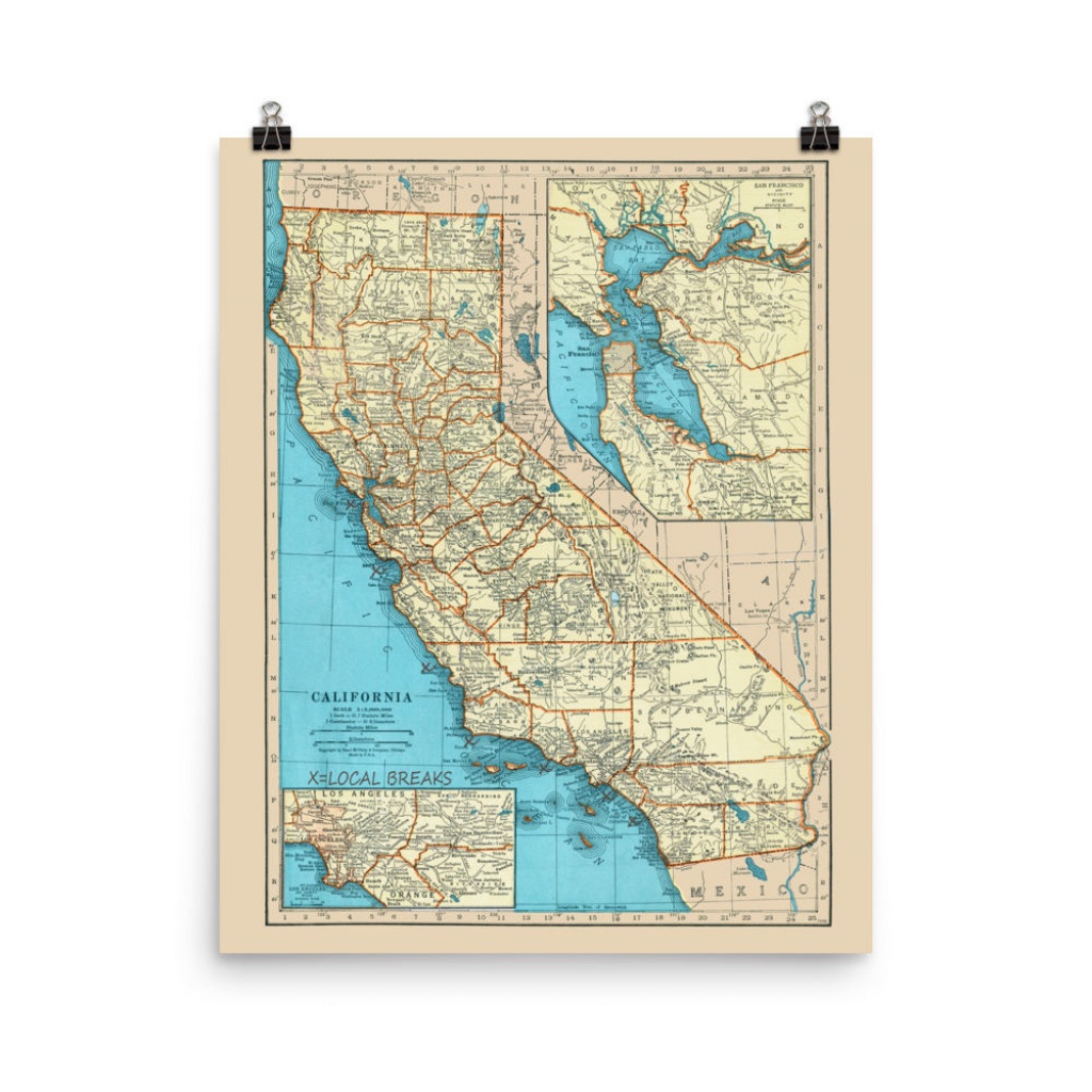 California Surf Poster Print California Surfing Spots Map | Etsy - Surf Spots In California Map