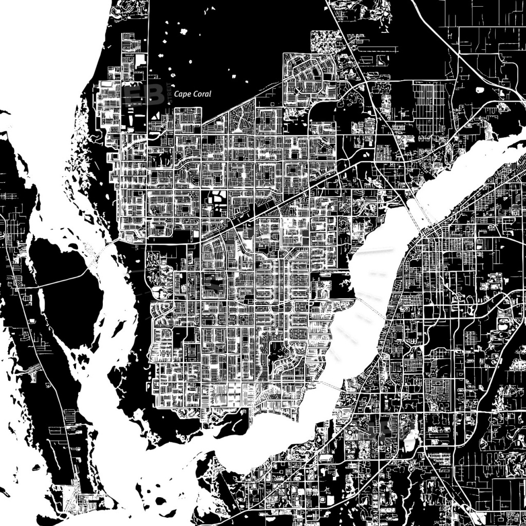 Cape Coral, Florida, Downtown Map, Dark | Hebstreits Sketches - Street Map Of Cape Coral Florida