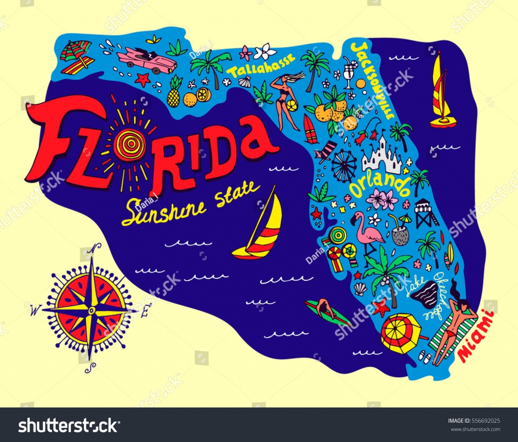 Cartoon Map Florida State Travel Attractions Stock Vector (Royalty - Florida Cartoon Map