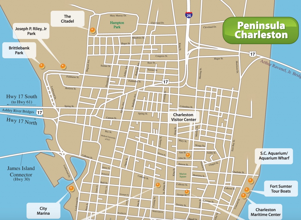 Charleston Tourist Map And Travel Information | Download Free - Printable Map Of Charleston Sc Historic District