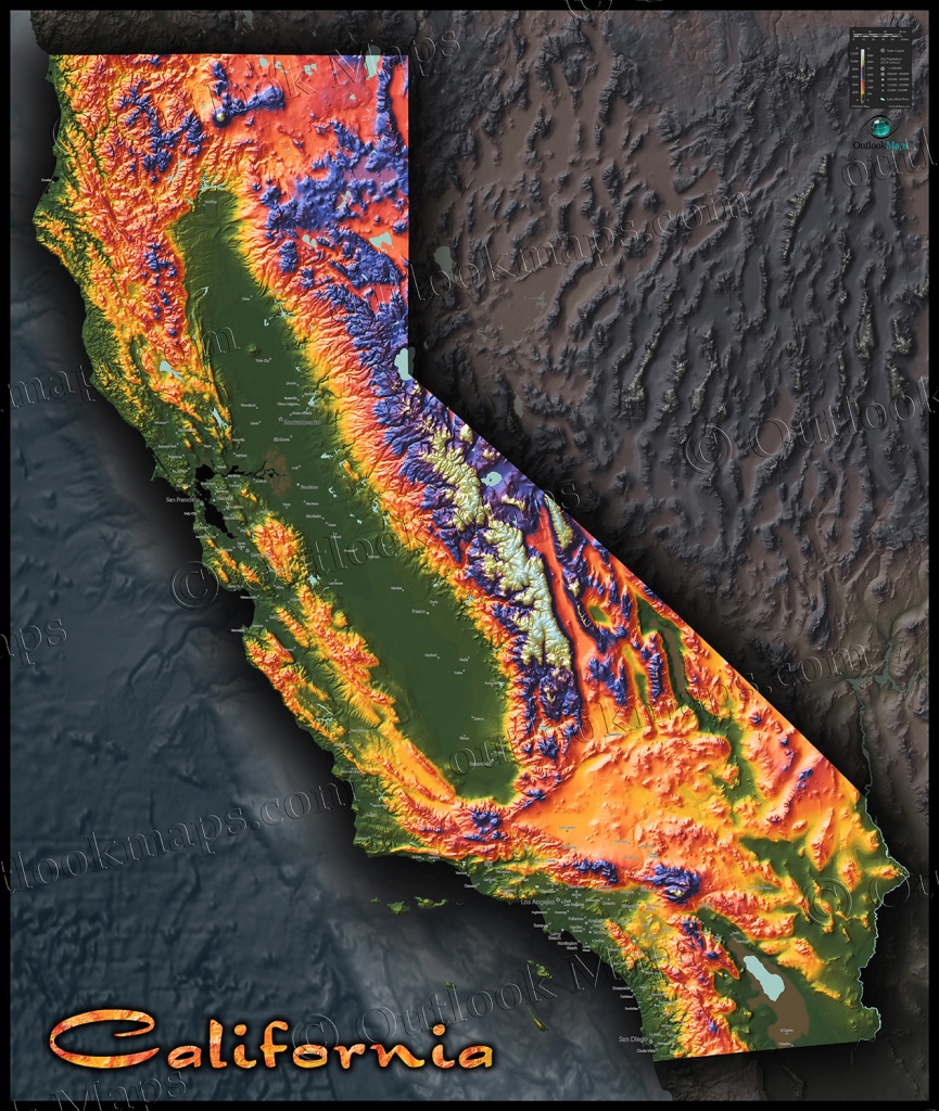 Colorful California Map | Topographical Physical Landscape - 3D Map Of California