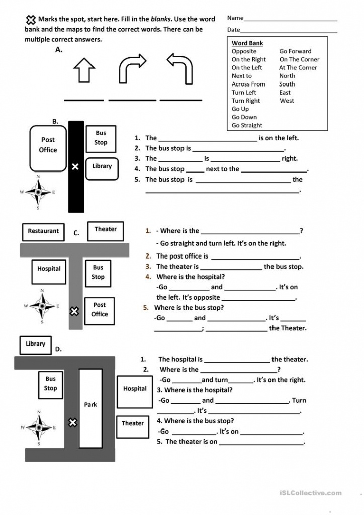 Directions, Prepositions And Maps Worksheet Worksheet - Free Esl - Free Printable Direction Maps