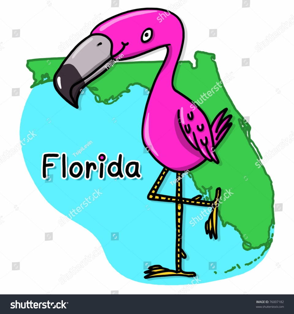 Flamingo Over State Florida Map Illustration Illustration De Stock - Florida Cartoon Map