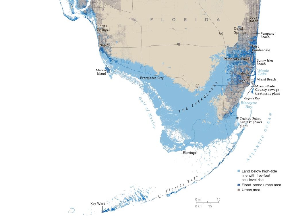 Florida Areas At Risk To A Five Foot Sea Rise | Interesting Maps - South Florida Sea Level Rise Map