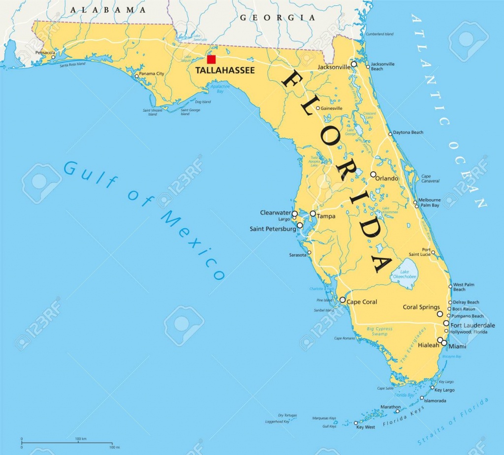 Florida Political Map With Capital Tallahassee, Borders, Important - Florida Lakes Map