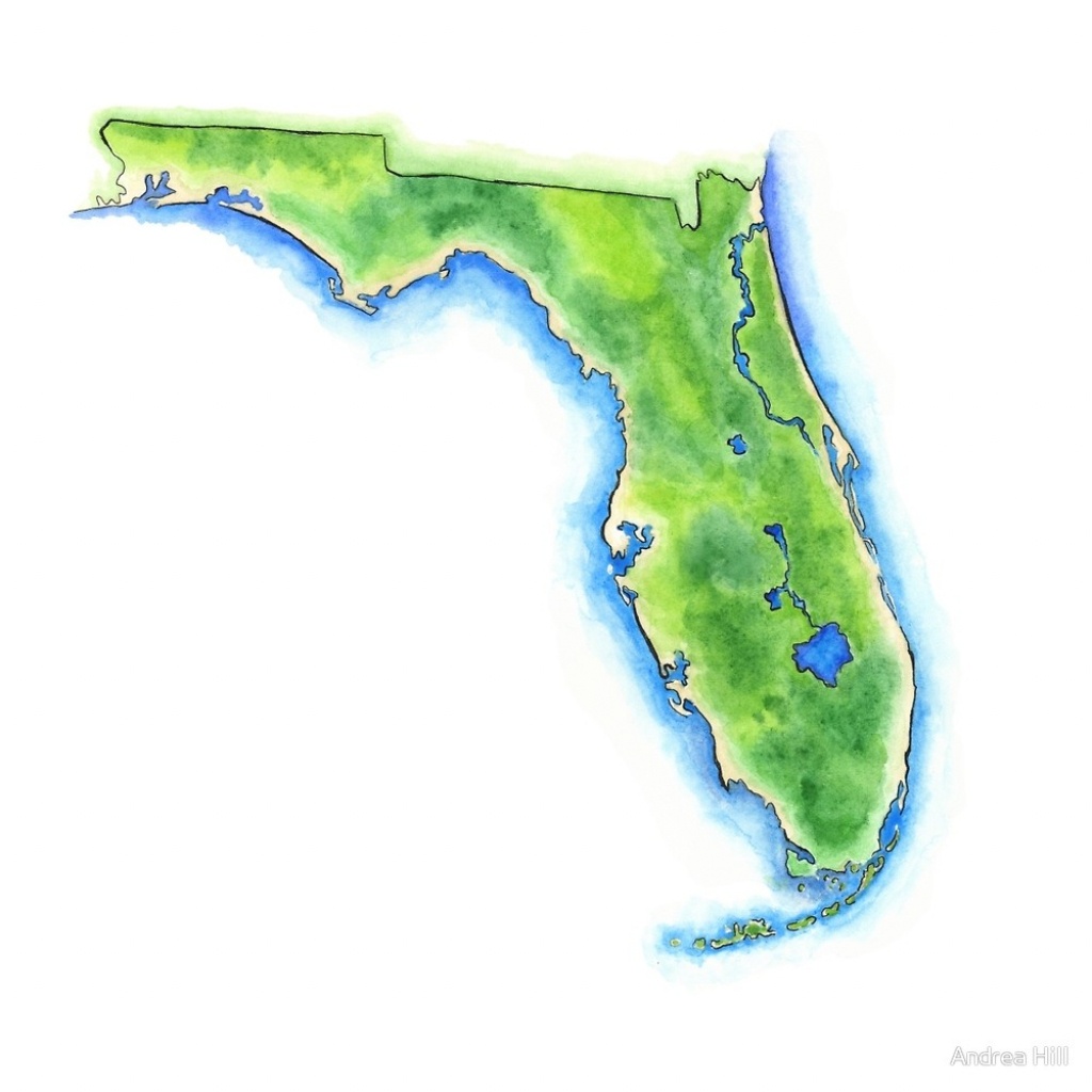 Hand Painted Watercolor Map Of The Us State Of Florida &amp;quot;andrea - Watercolor Florida Map