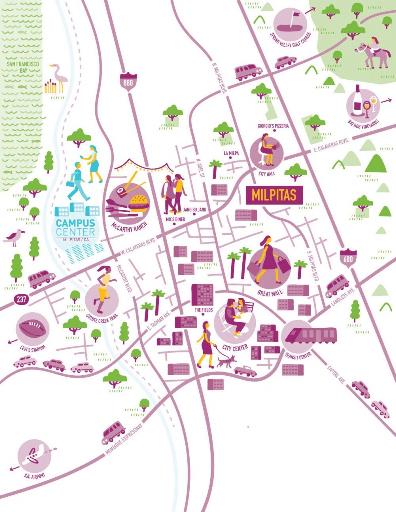 Illustrated Map Of Milpitas, Californianate Padavick For Campus - Milpitas California Map