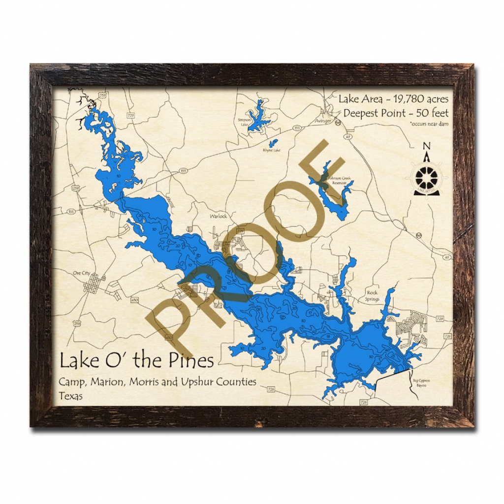 Lake &amp;#039;o The Pines, Tx 3D Wooden Map | Framed Topographic Wood Chart - Lake Of The Pines Texas Map