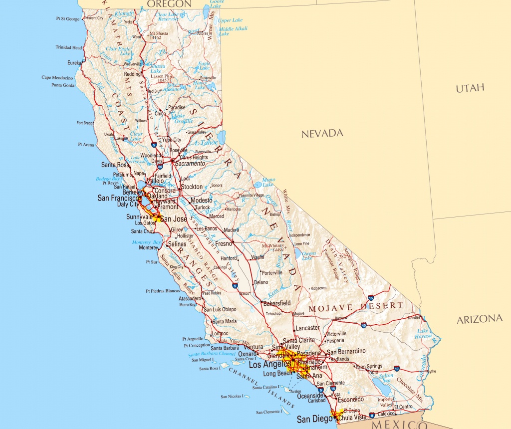 Large Road Map Of California Sate With Relief And Cities | Vidiani - Detailed Map Of California Cities