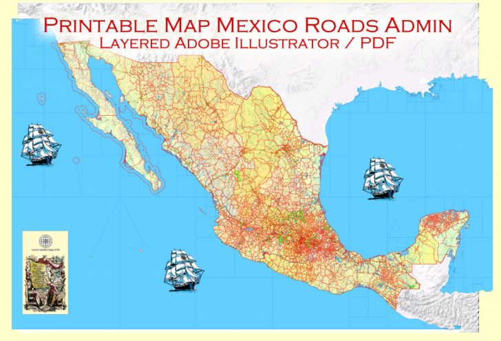 Map Mexico Adobe Illustrator Printable Topo Roads Admin Ports Airports Printable Map Of Mexico 728x495 