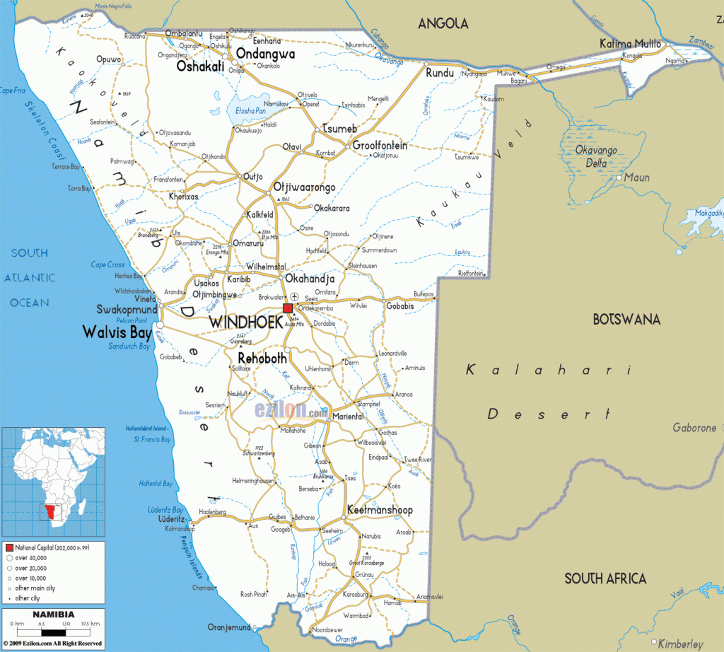 Map Of Namibia And Namibian Road Map | Reizen - Map, Africa En Travel - Printable Road Map Of Namibia