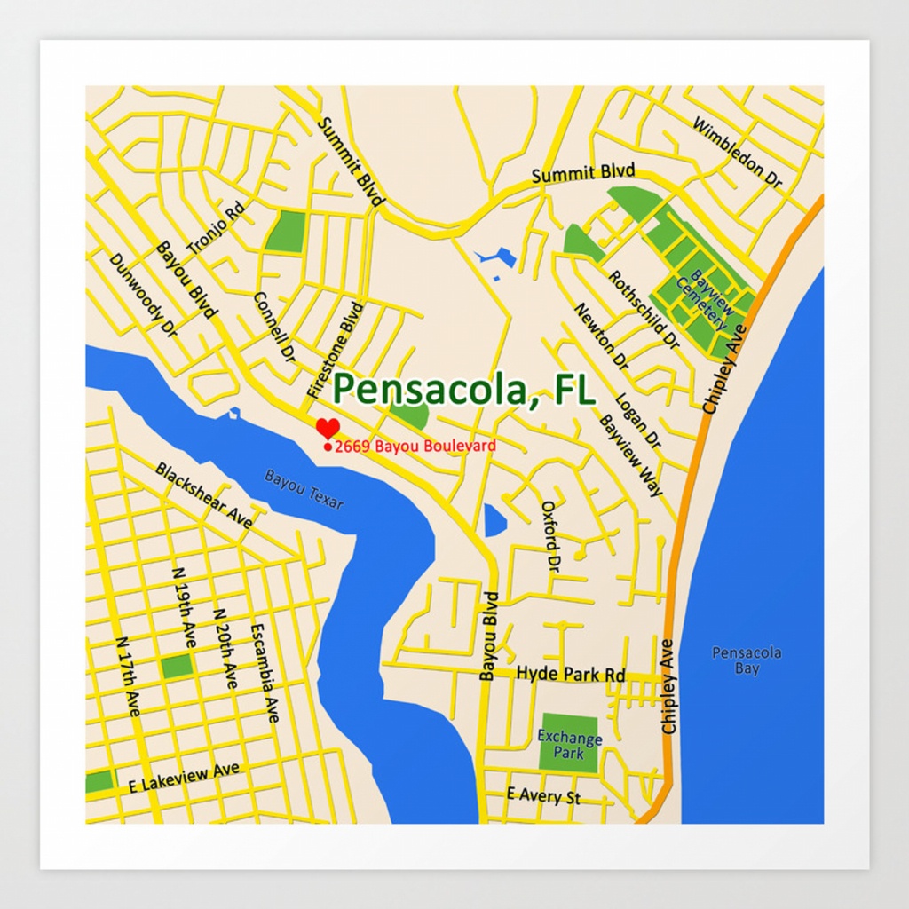 Map Of Pensacola, Fl Art Printefratul | Society6 - Where Is Pensacola Florida On A Map
