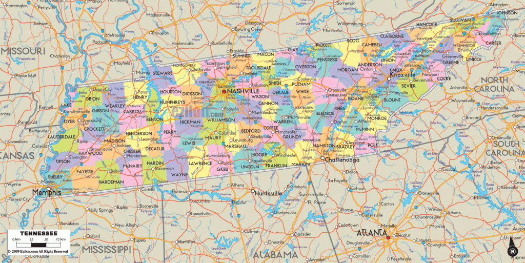 Map Of State Of Tennessee, With Outline Of The State Cities, Towns - Printable Map Of Tennessee Counties And Cities