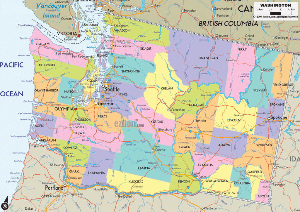 Map Of State Of Washington, With Outline Of The State Cities, Towns - Washington State Road Map Printable