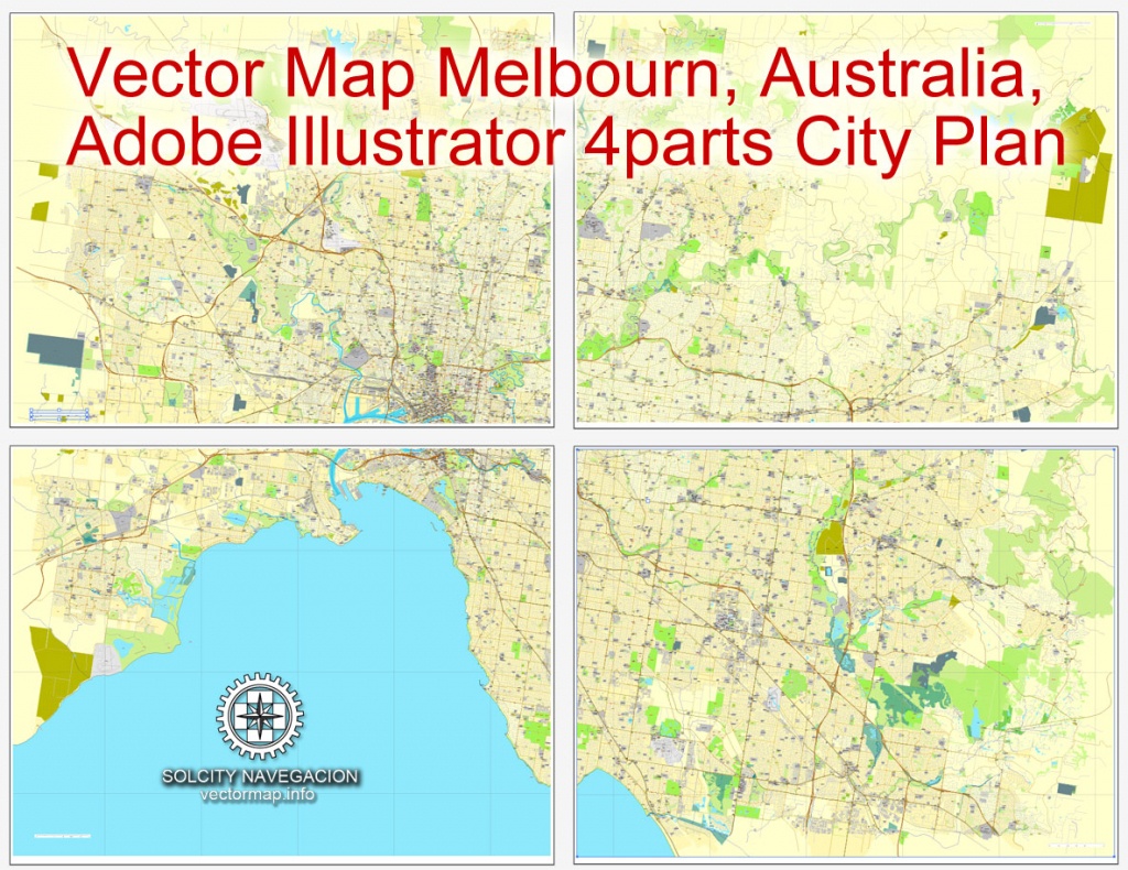 Melbourne, Australia In Adobe Illustrator, Printable Vector Street 4 Parts  City Plan Map, Fully Editable - Melbourne City Map Printable