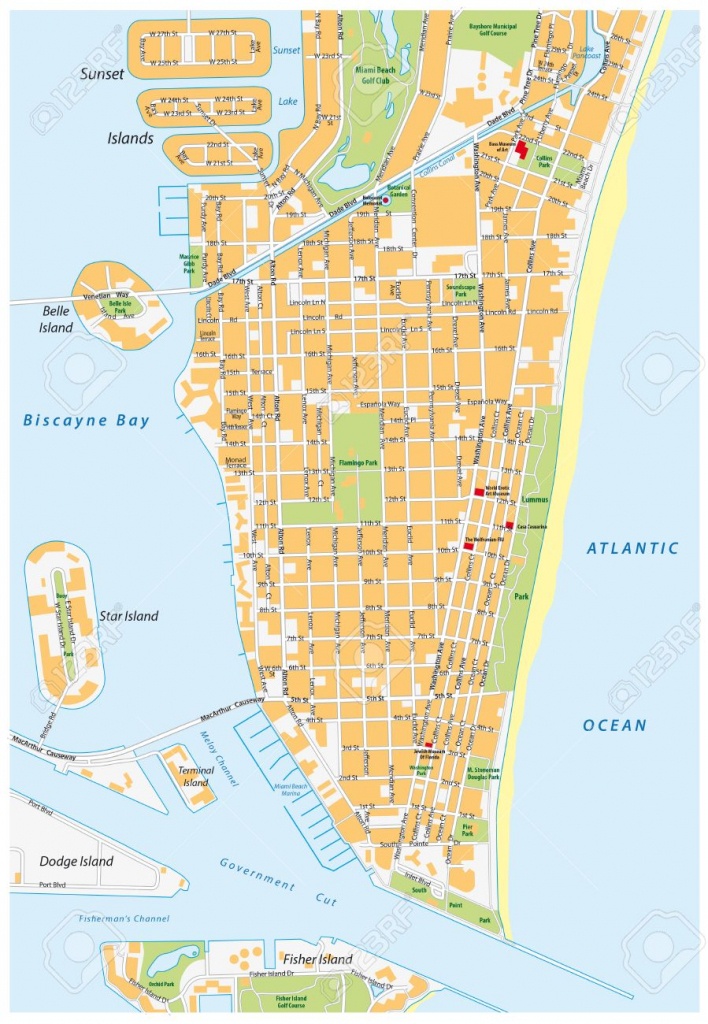 Miami Beach Detailed Vector Street Map With Names, Florida, Royalty - Map Of Miami Beach Florida