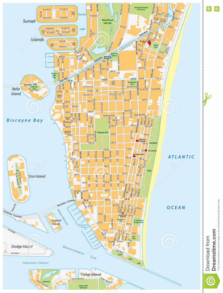 Miami-Beach Street Map, Florida Stock Illustration - Illustration Of - Map Of South Beach Miami Florida