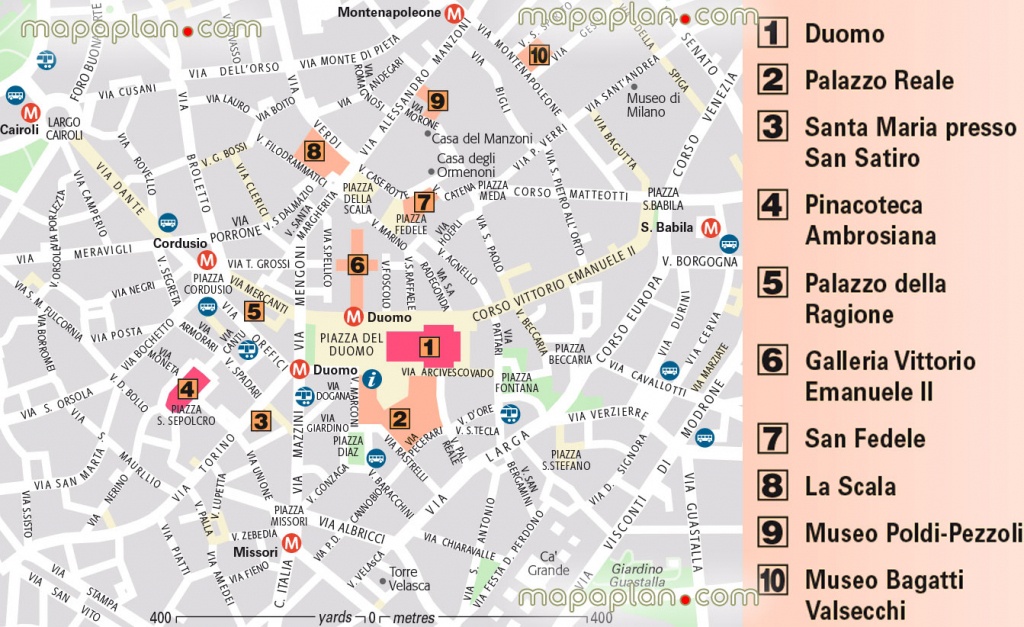 Milan Map - Historic Centre Printable Map With The List Of Points Of - Printable Map Of Milan