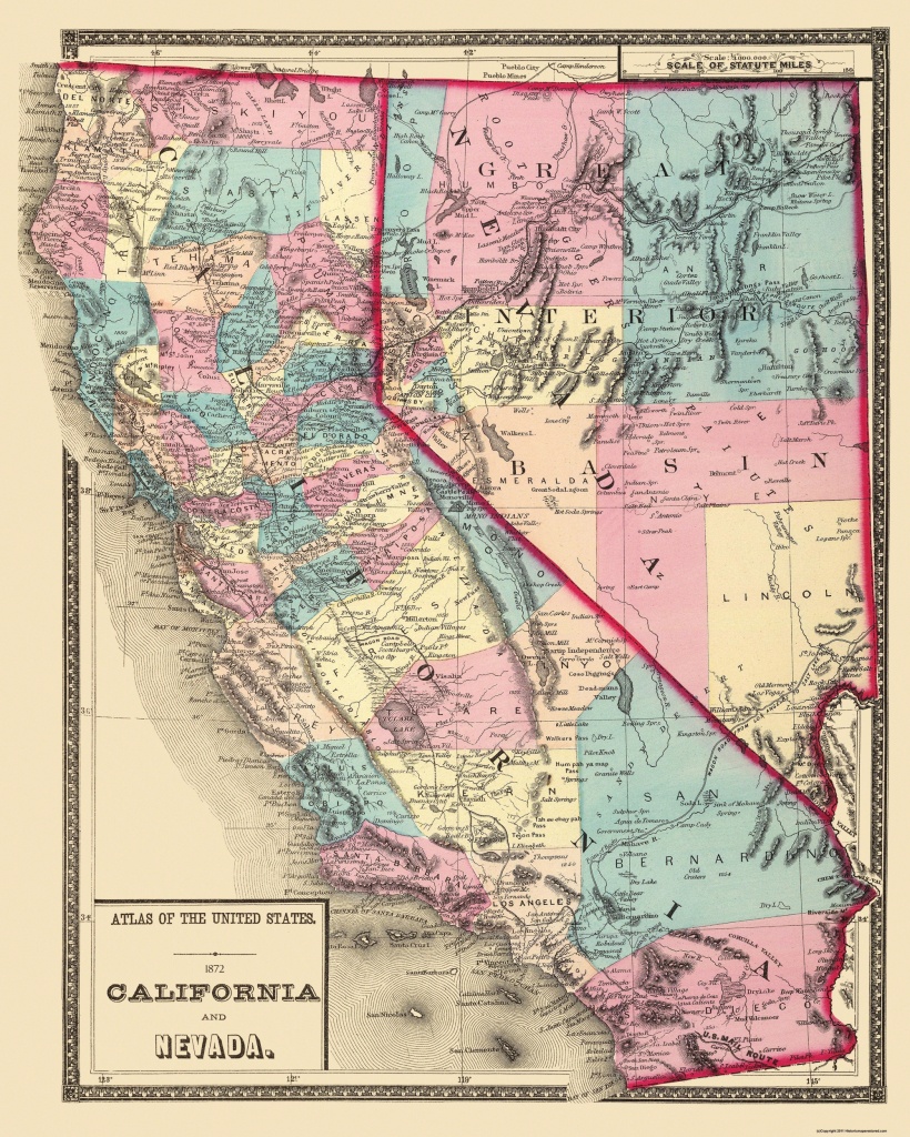 Old State Map - California, Nevada - 1872 - Map Of California And Nevada