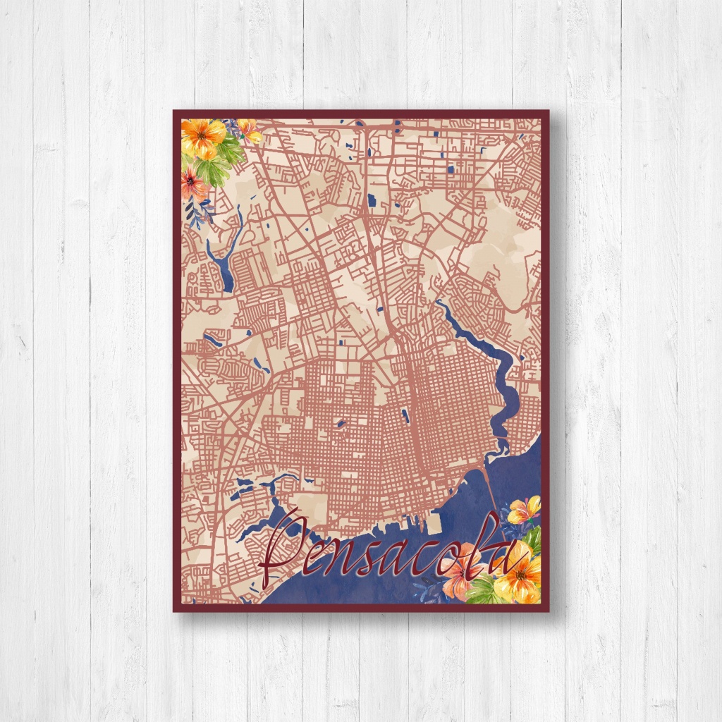 Pensacola, Florida, Watercolor Map, Watercolor Flowers, Street Map - Printable Map Of Pensacola Florida