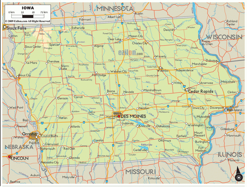 Physical Map Of Iowa - Ezilon Maps - Printable Iowa Road Map