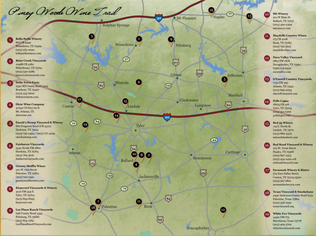 Piney Woods Wine Trail Texas Uncorked Fredericksburg Texas Winery Map 