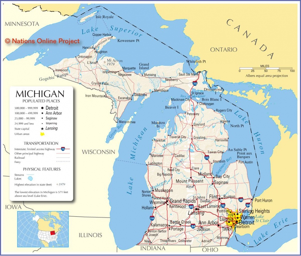 Reference Map Of Michigan, Usa - Nations Online Project | ~ The - Printable Map Of Michigan