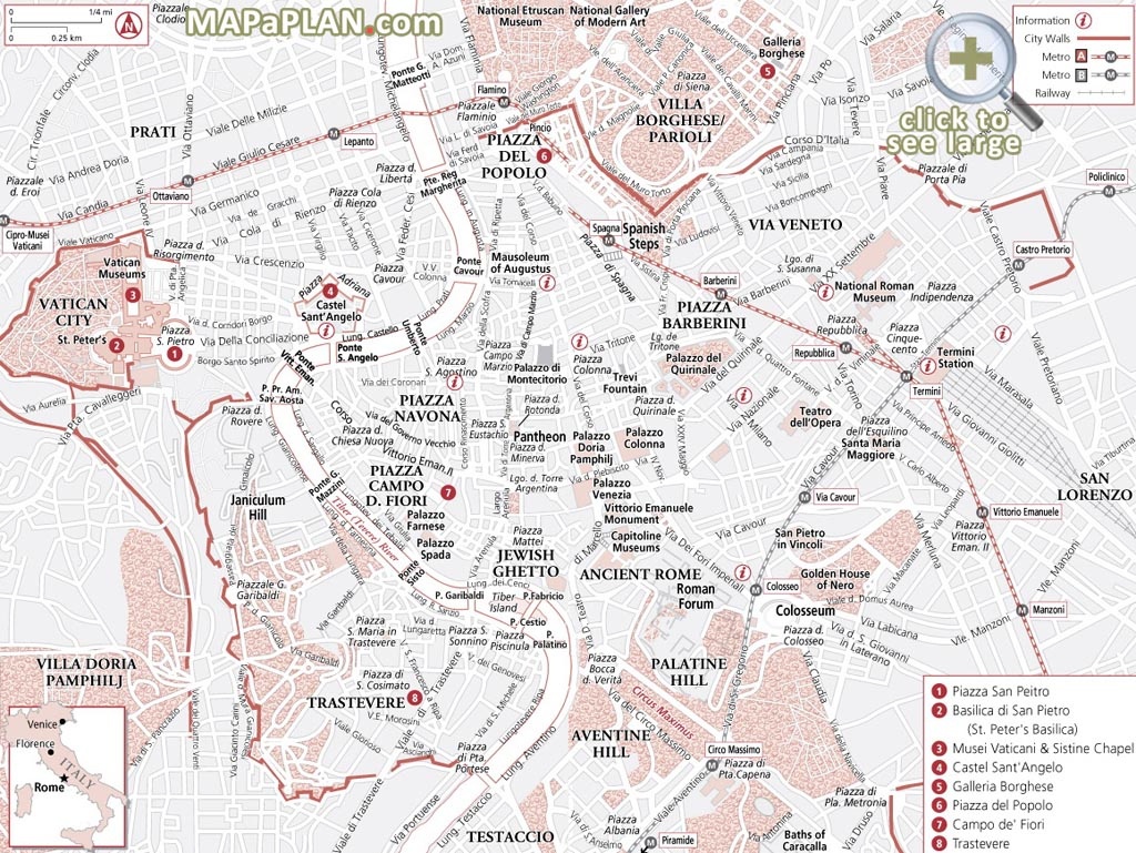 Rome Maps - Top Tourist Attractions - Free, Printable City Street Map - Rome Sightseeing Map Printable