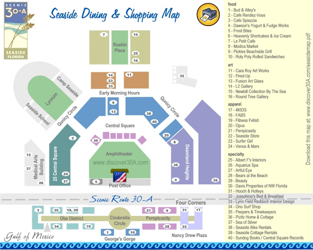 Seaside Dining And Shopping Map | Discover 30A Florida - Seaside Florida Map
