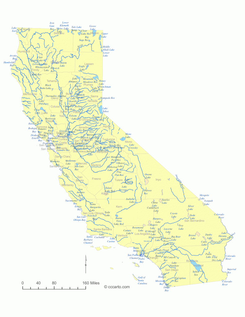 State Of California Water Feature Map And List Of County Lakes - California Rivers Map