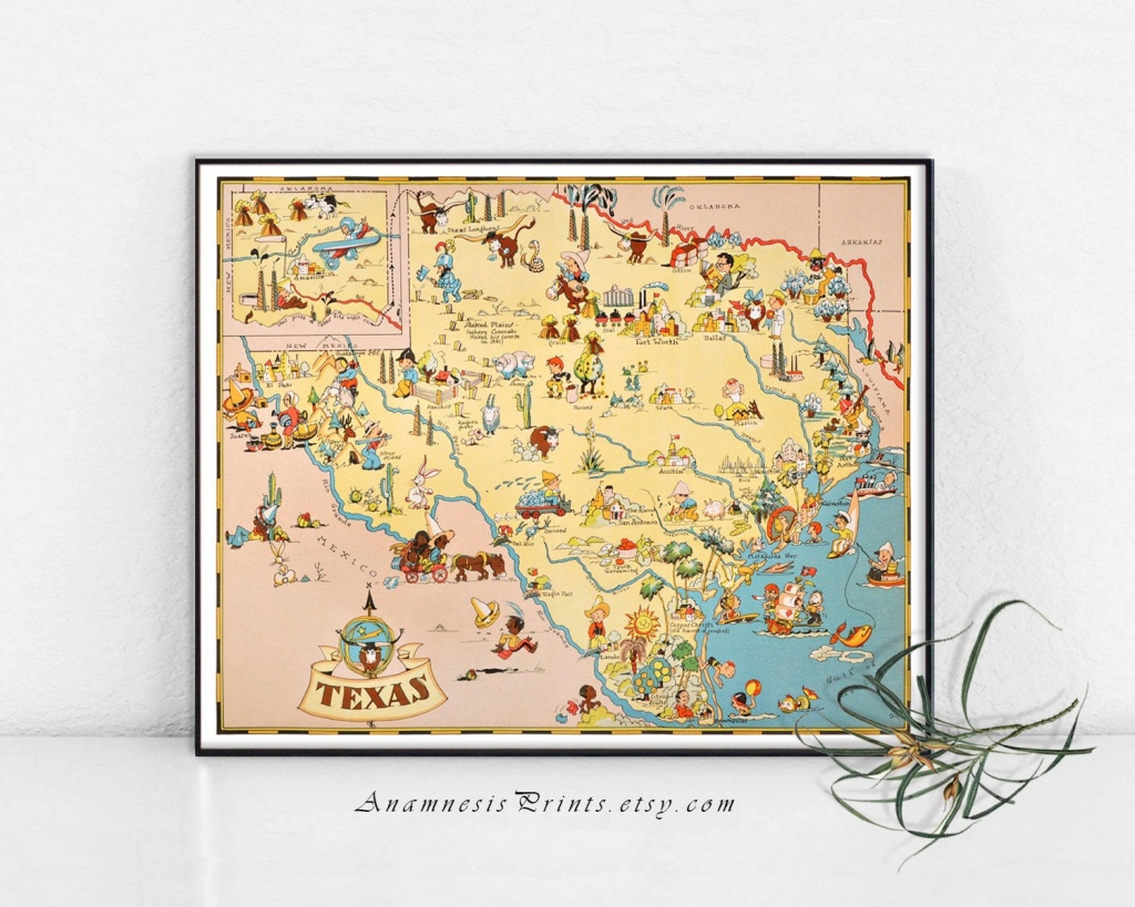 Texas Map Print Vintage Picture Map Whimsical Gift Idea | Etsy - Vintage Texas Map Prints