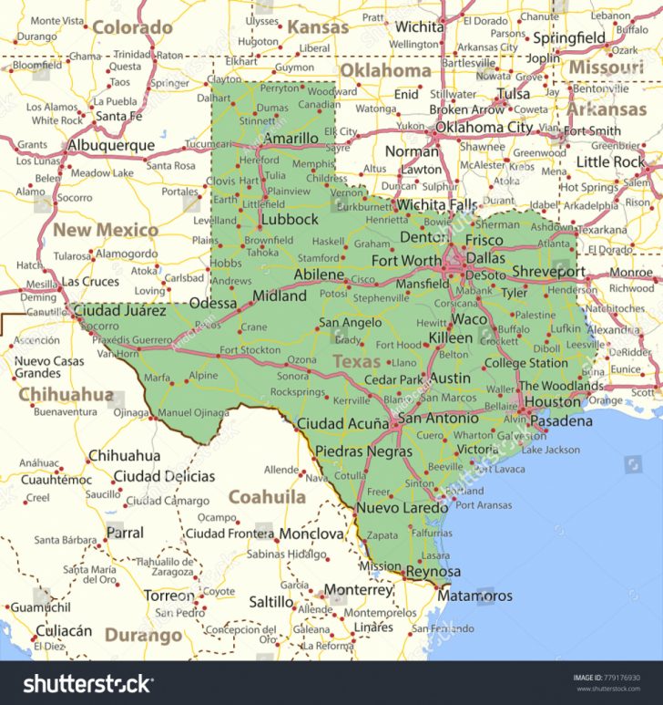 Texas Map Shows State Borders Urban Image Vectorielle De Stock - Brady ...