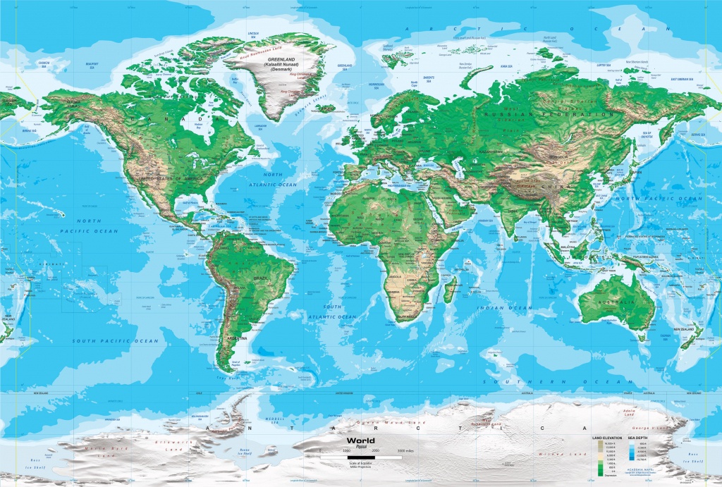 Topographic World Wall Map - Miller Projection - Topographic World Map Printable