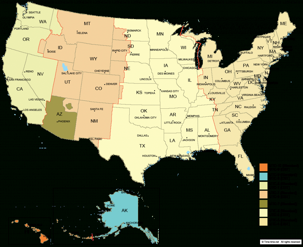 Usa Time Zone Map - With States - With Cities - With Clock - With - Printable Us Timezone Map