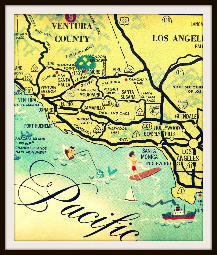 Vintage California Art, Los Angeles Map, Santa Monica Map, Ventura - Map Of Mid California