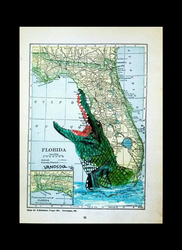 Vintage Florida Map Alligator Wildlife Coastal Gator Art Print Scott D Van  Osdol 11X17 Poster Of My Original Ocean Sea Everglades Reptile - Alligators In Florida Map